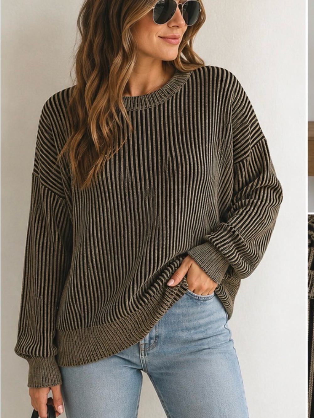 Vestique Women’s  Relaxed Oversized Sweater in black and taupe strips Size Med
